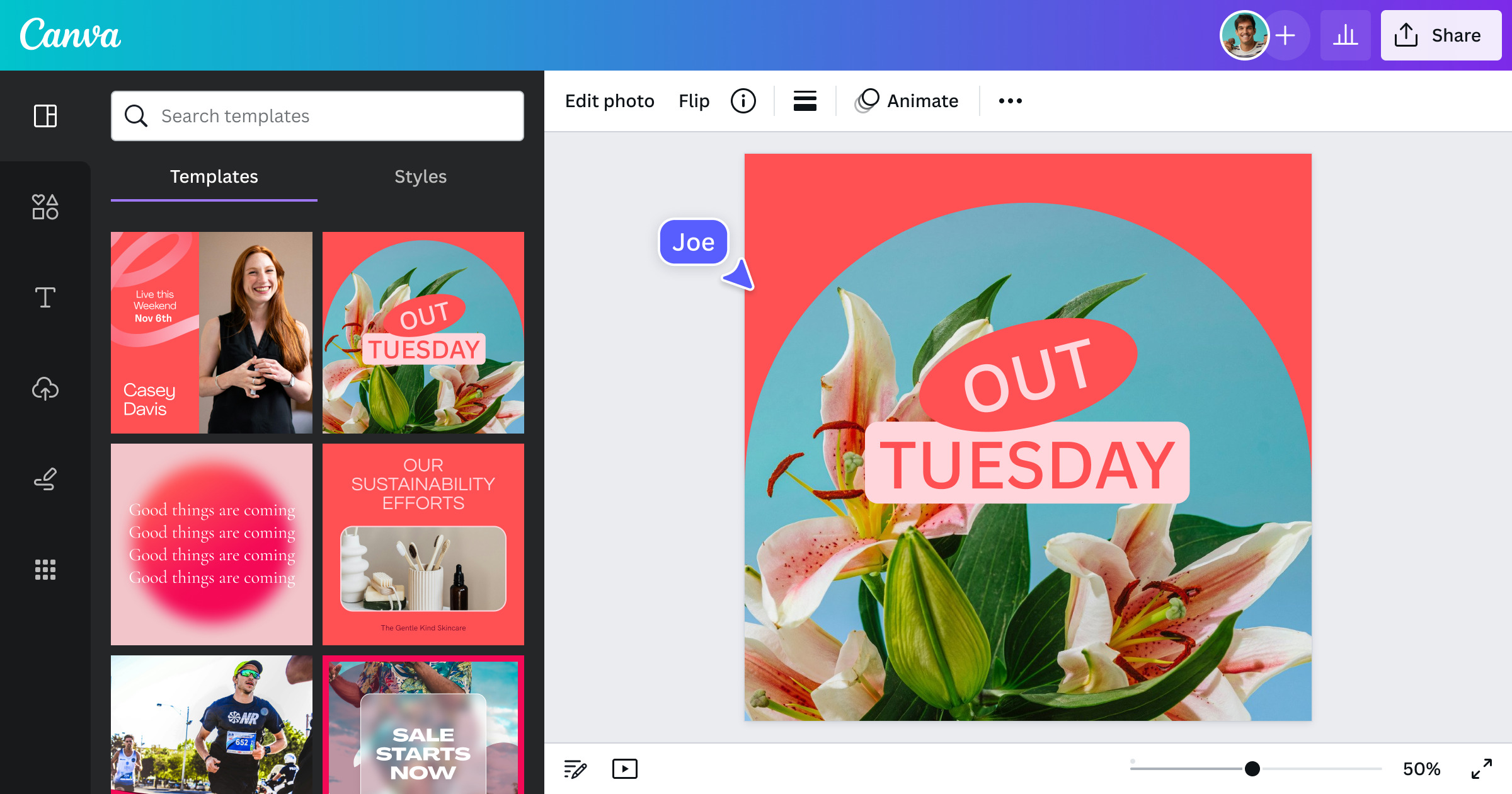 Interface Canva : édition d'un visuel avec templates et outil d'animation